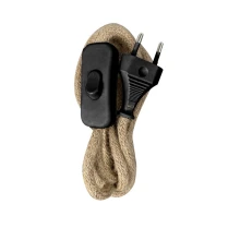 Cordon d’alimentation avec inter et fiche 2 pôles 2A 250V – Câble tissu 1m50 H03VV-F 2x0,75mm2 – Noir et corde (luminaire)