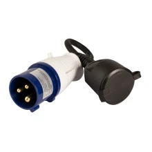 Adaptateur camping prise mâle CEE17 vers prise française femelle 2P+T – 16A 3680W câble H07RN-F 0m30 3x1,5mm² IP44 (extérieur)