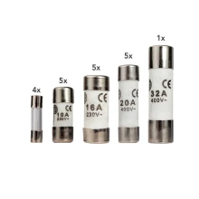 Assortiment de 20 fusibles céramique 5x10A 8,5x23mm 5x16A 10,3x25,8mm 5x20A 8,5x31,5mm 1x32A 10,3x38mm 4x2,5A verre 5x20mm