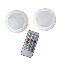 2 spots LED DRESDA – 0,2W 20lm lumière multicolore – A piles, télécommande multi-fonctions et fixation adhésive aimantée – Blanc