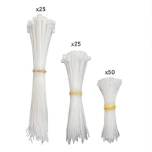 Assortiment de 100 colliers de câblage – 50x(100x2,5mm) + 25x(150x3,6mm) + 25x(250x4,8mm) – Nylon blanc (intérieur et extérieur)
