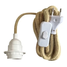 Kit cordon avec câble tissu 3m H03VV-F 2x0,75mm2 avec inter, fiche 2 pôles, douille E27 avec bague, blanc/corde (intérieur)