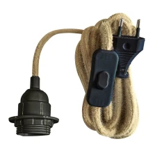 Kit cordon avec câble tissu 3m H03VV-F 2x0,75mm2 avec inter, fiche 2 pôles, douille E27 avec bague, noir/corde (intérieur)