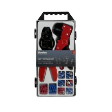 Coffret pince à sertir – pince dinosaure et assortiement de 100 cosses rouges et bleues – Ruban adhésif isolant noir 5m