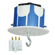 Boîte d’encastrement DCL de plafond – Couvercle ø90mm, piton de suspension, fiche 2P+T 6A 250V, 10kg max (luminaire suspendu)