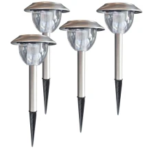 Borne solaire LED KALLIE lot de 4 325 mm couleurs changeantes ou blanc fixe chromé (à piquer, extérieur)