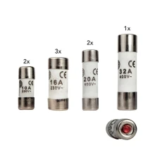 Assortiment 8 fusibles céramique à voyant – 2x10A 8,5x23mm 3x16A 10,3x25,8mm 2x20A 8,5x31,5mm 1x32A 10,3x38mm