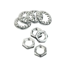 Lot de 4 écrous 6 pans pas 10x1 et 4 rondelles éventails – Métal gris (montage luminaire)