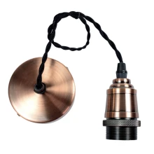 Monture de suspension vintage – Douille E27 avec bague, câble tissu 55 cm, 60 W max – Métal cuivré, fil noir (plafond)