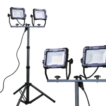 Projecteur LED de chantier filaire sur pied télescopique – 2x50W 2x4600lm blanc neutre 4000K – IP65 IK07 (intérieur/extérieur)