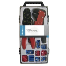 Coffret pince à sertir – pince dinosaure et assortiement de 100 cosses rouges et bleues – Ruban adhésif isolant noir 5m