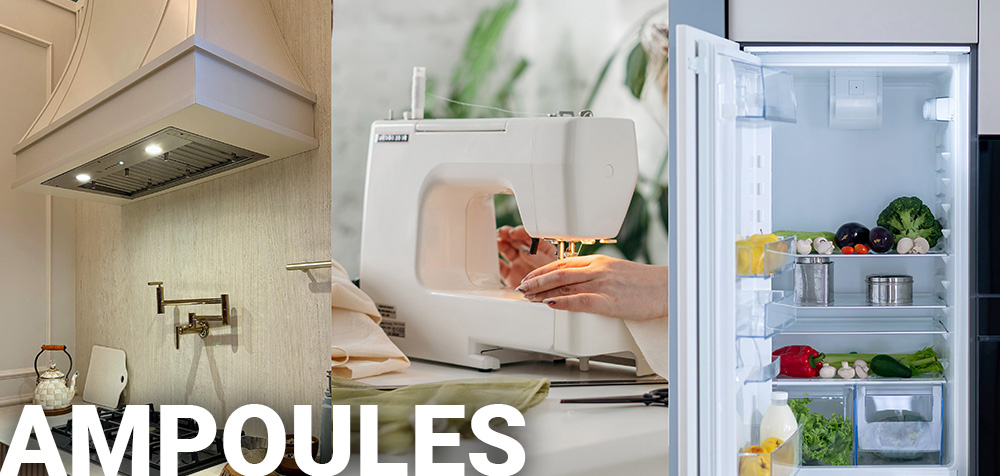 Éclairage LED intégré dans une hotte, une machine à coudre et un réfrigérateur pour améliorer le confort au quotidien.