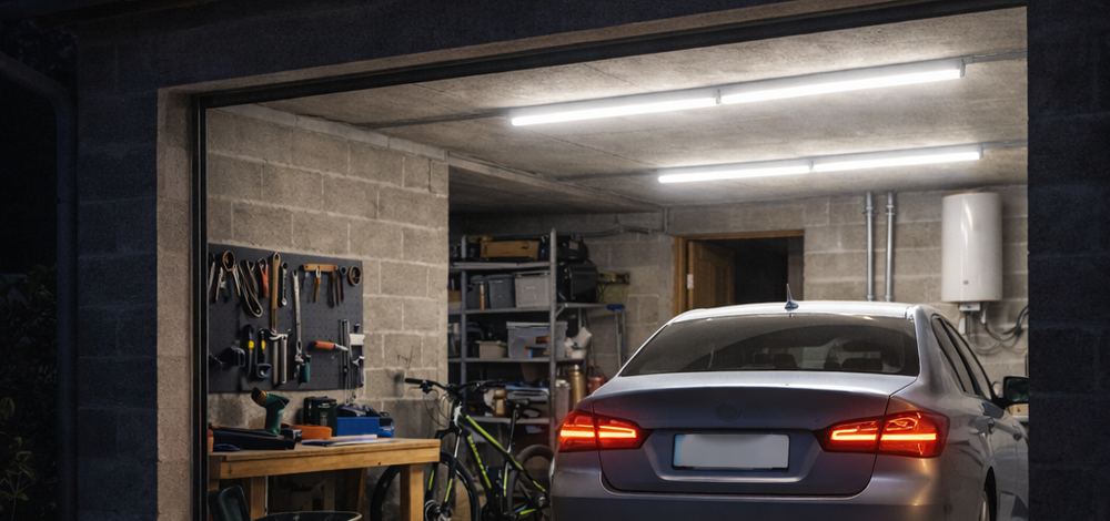 Réglettes LED étanches IP65 fixées au plafond d’un garage éclairant une voiture et un établi